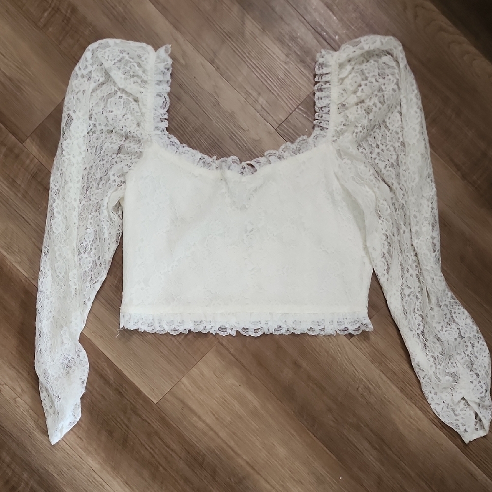 Cream Lace Cropped Blouse Long Sleeve Tie Front Boho Cottagecore - Picture 6 of 8